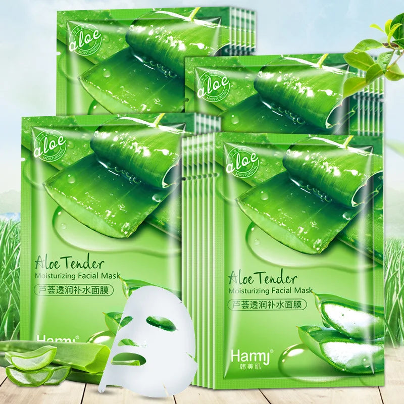 Three botanical sheet masks infused with aloe, seaweed and green tea for hydrating and brightening skin.