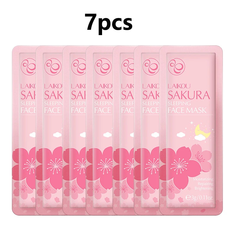 Seven hydrating sleeping face masks in individual packets for moisturizing and repairing skin.