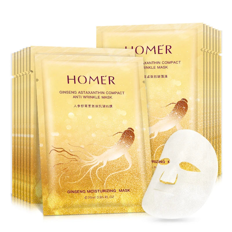 Three botanical sheet mask sachets with aloe, seaweed, and green tea extracts for hydrating and brightening facial skin.