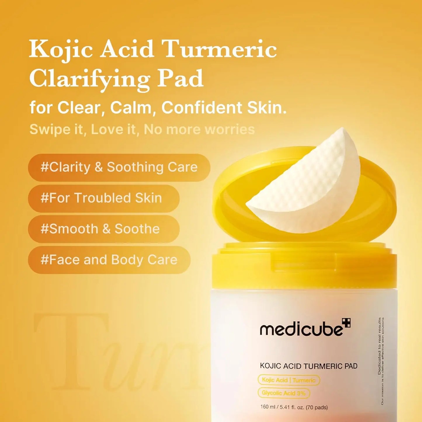Jar of clarifying toner pads with kojic acid and turmeric for troubled skin