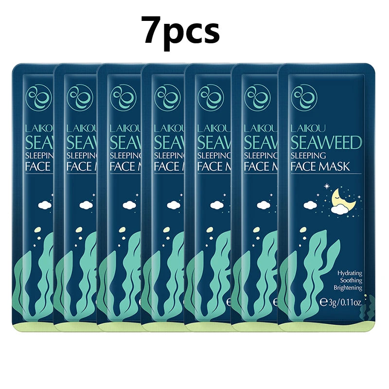 Seven hydrating sleeping face masks in individual packets for moisturizing and repairing skin.
