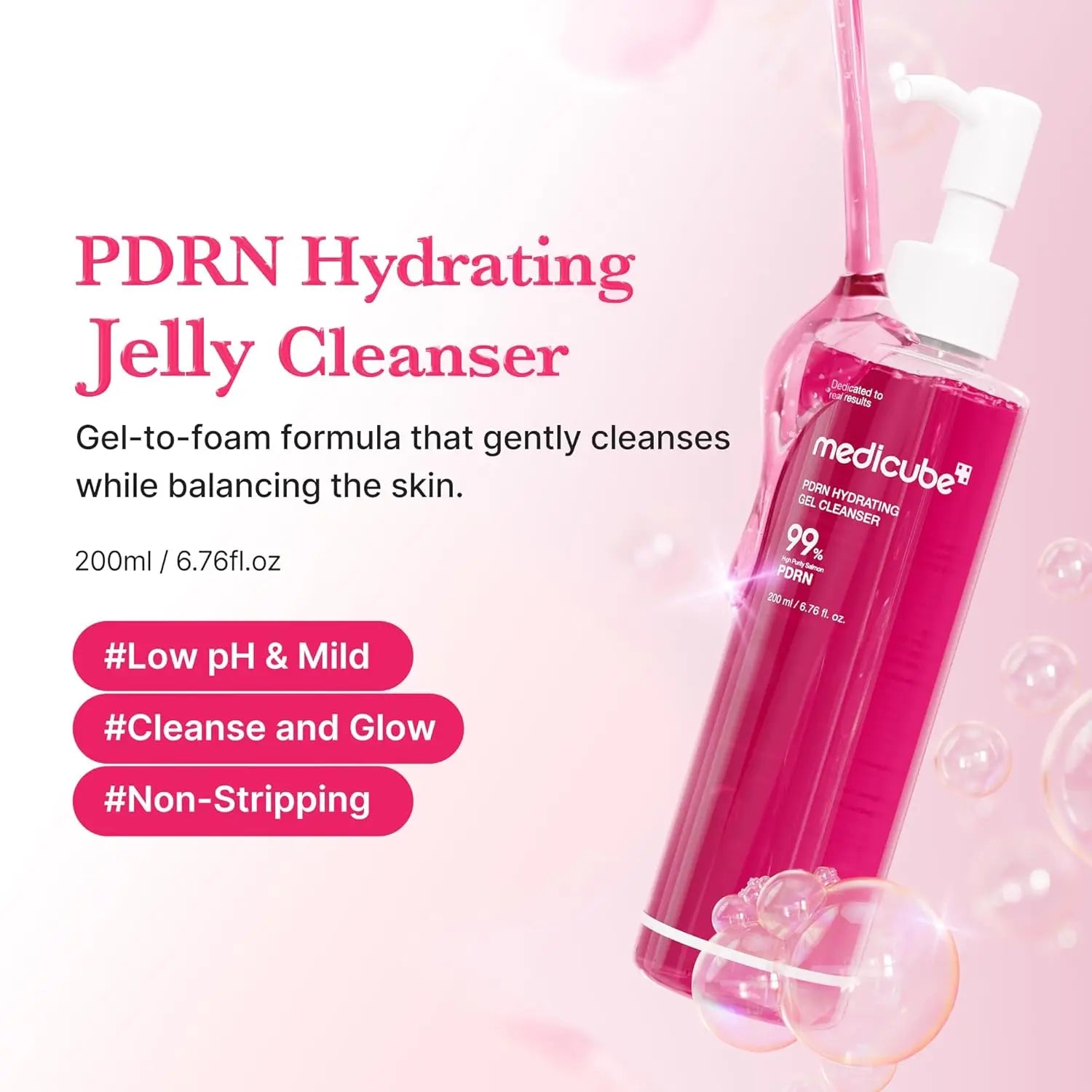 Low pH hydrating jelly to foam facial cleanser bottle with PDRN Korean skincare formula, 200ml.