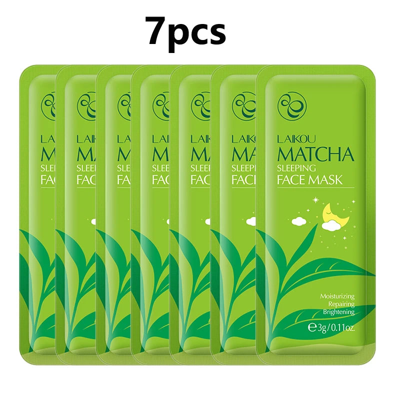Set of seven moisturizing facial sheet masks in individual sachets for hydrating and repairing skin overnight