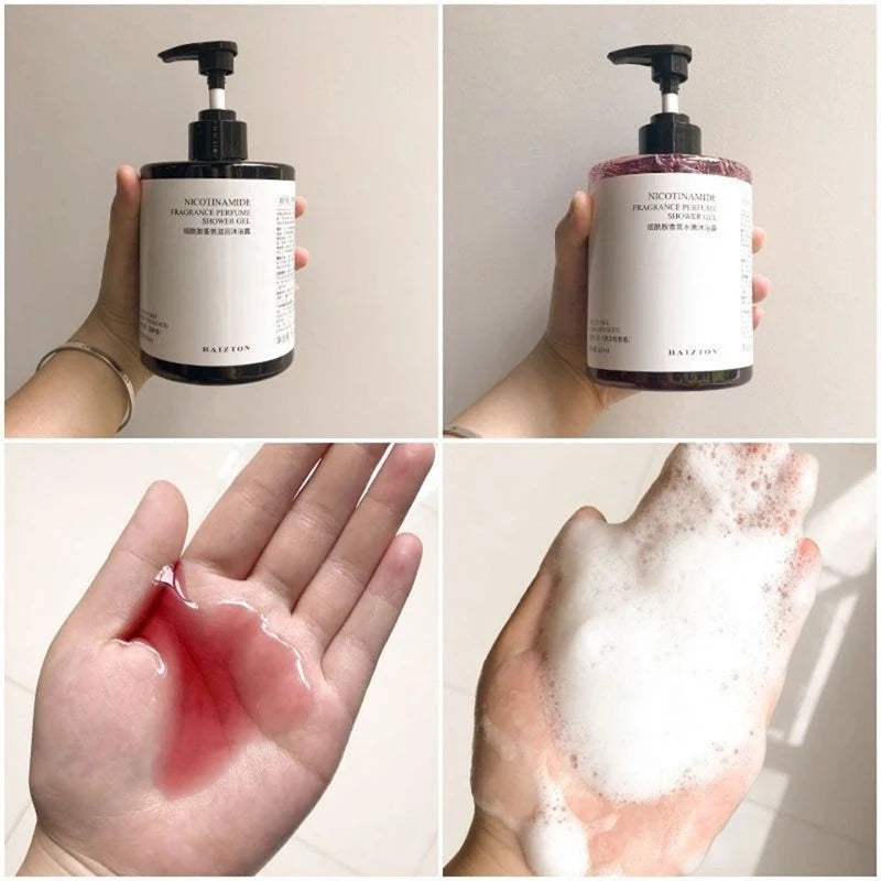 SkinSwaag Beauty BAIZTON Nicotinamide Fragrance Perfume Shower Gel — nicotinamide — ingredient list on packaging on white background