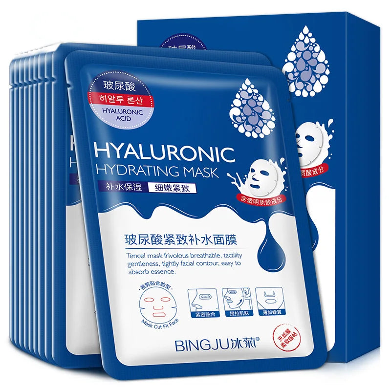 Assorted Korean botanical sheet masks with aloe, seaweed, and green tea extracts for hydration and brightening.