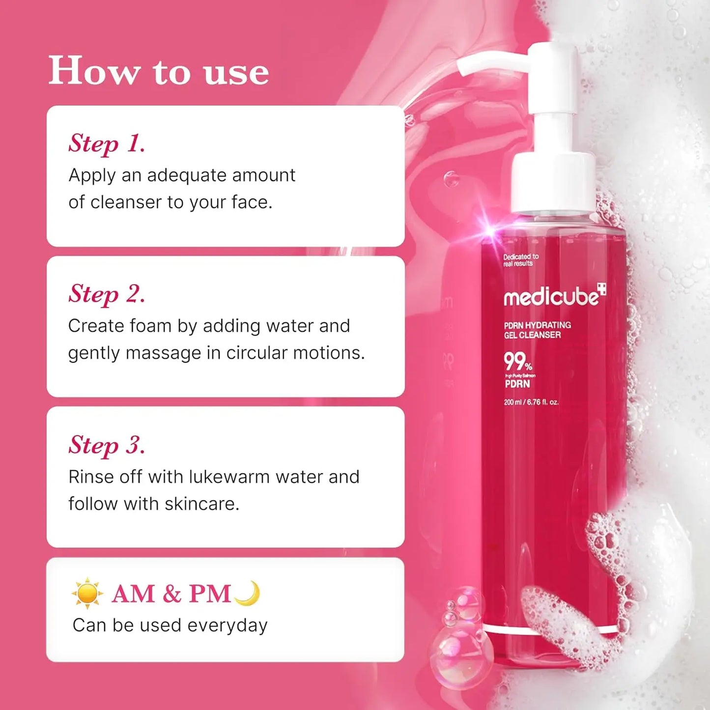 Low pH jelly-to-foam facial cleanser bottle, hydrating daily face wash for all skin types, 200ml.