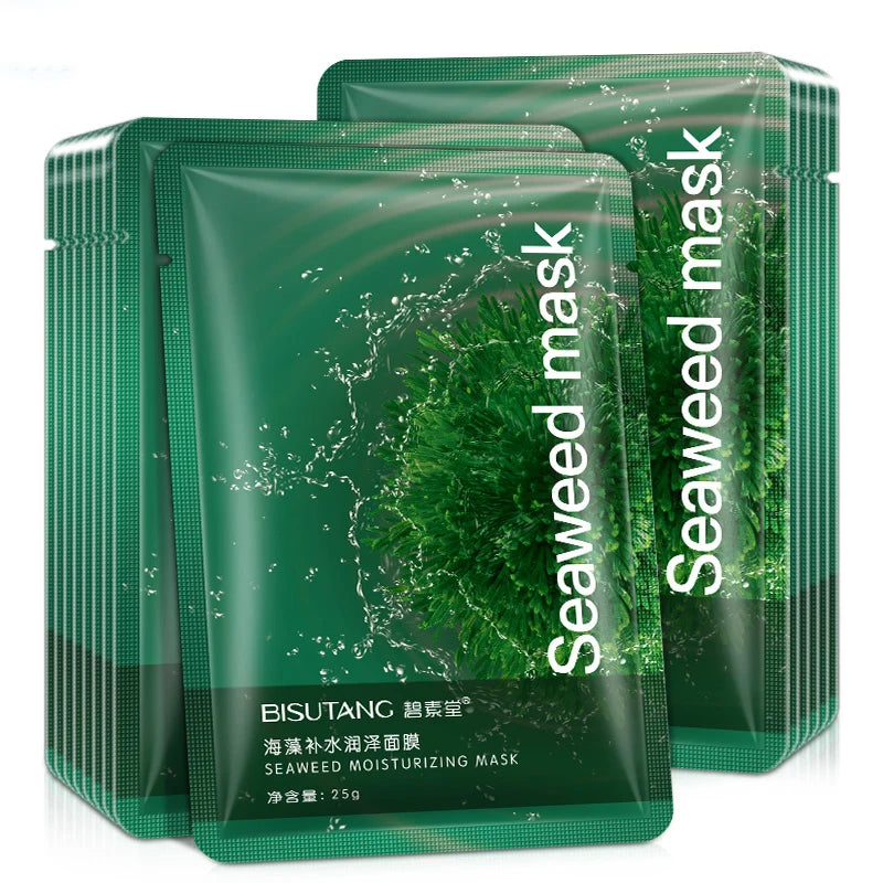 Botanical sheet mask set featuring aloe, seaweed, and green tea for hydration and brightening