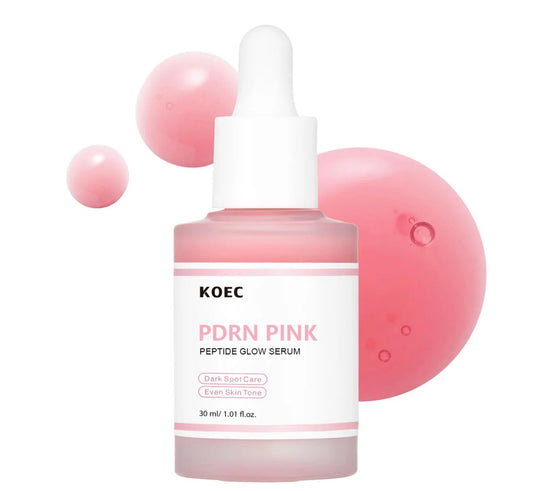 KOEC PDRN Pink Peptide Glow Serum — PDRN + peptides — pink glass bottle with dropper on white background