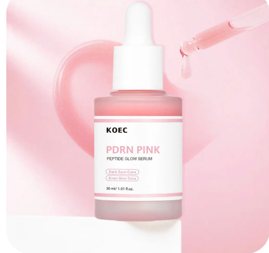KOEC PDRN Pink Peptide Glow Serum — PDRN + peptides — product box and packaging angled view