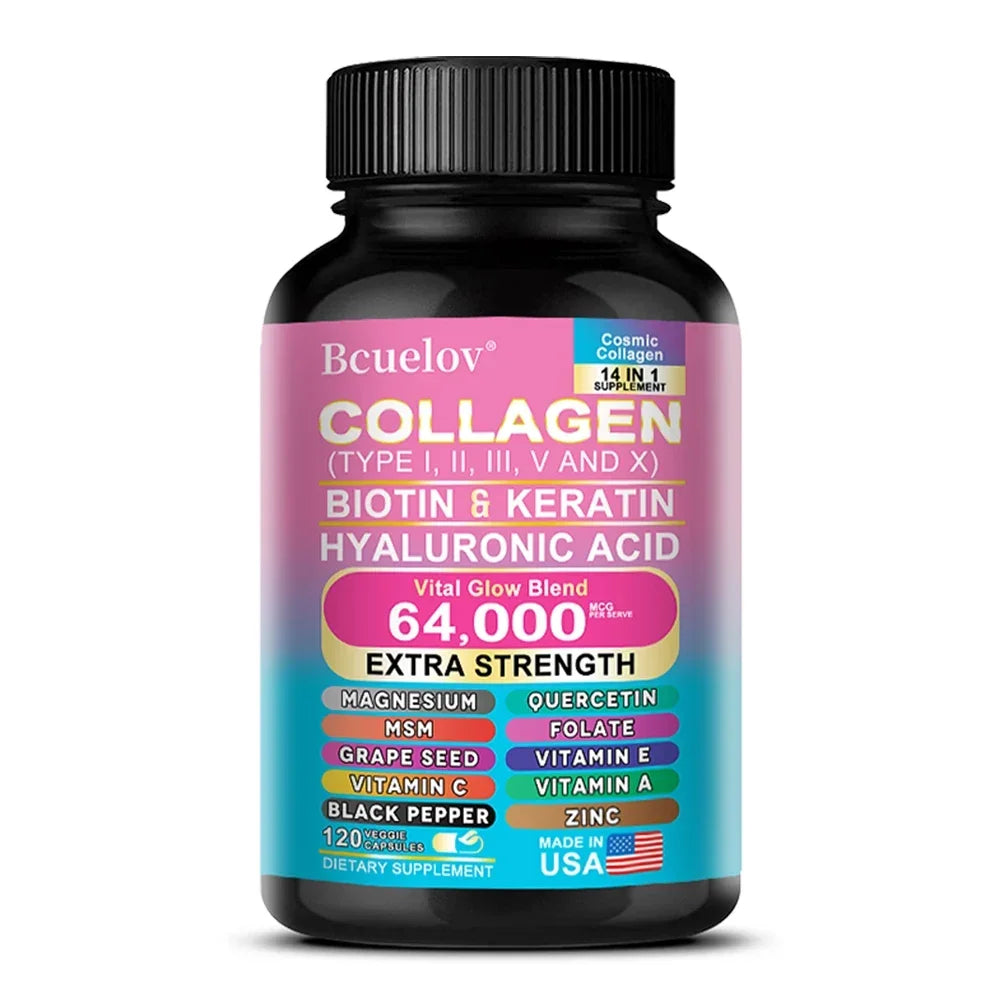 Bcuelov 14-in-1 Collagen Biotin & Hyaluronic Acid Supplement — collagen + biotin + hyaluronic acid — bottle and box side by side on white background