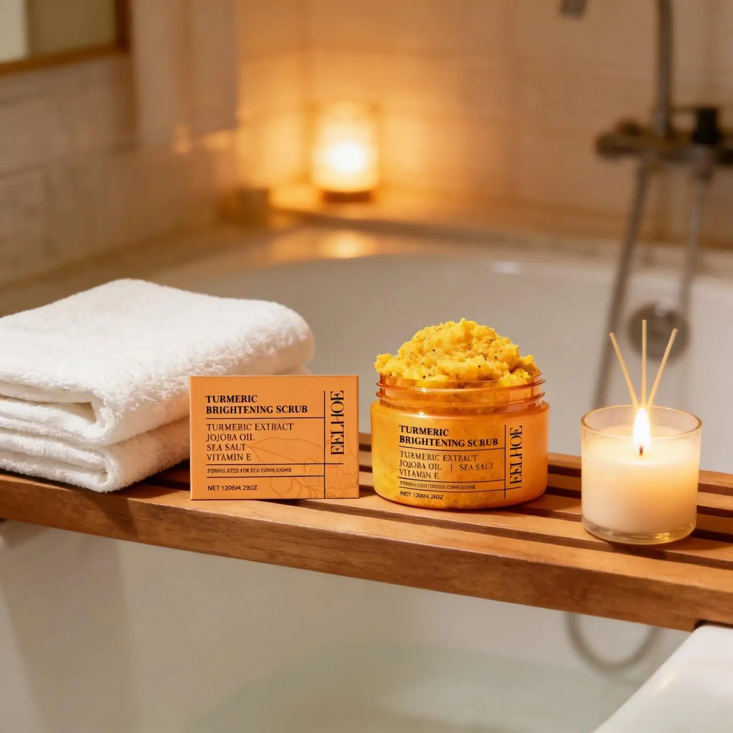 EELHOE Turmeric & Sea Salt Body Scrub — Turmeric & Jojoba Oil — Product jar with ingredient callout overlay