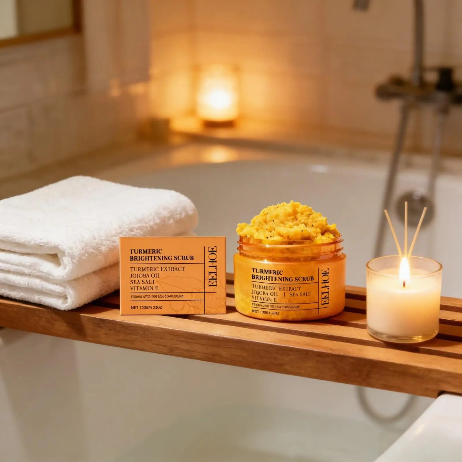 EELHOE Turmeric & Sea Salt Body Scrub — Turmeric & Jojoba Oil — Product jar with ingredient callout overlay