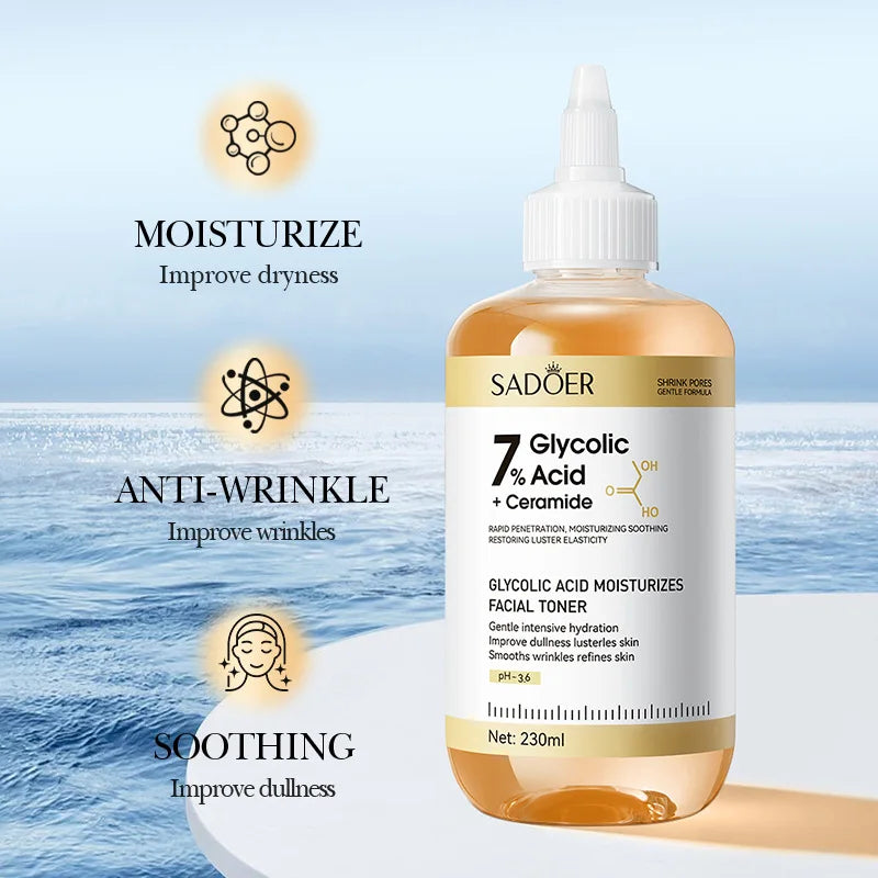 Facial toner bottle with 7% glycolic acid for exfoliating and firming skin.