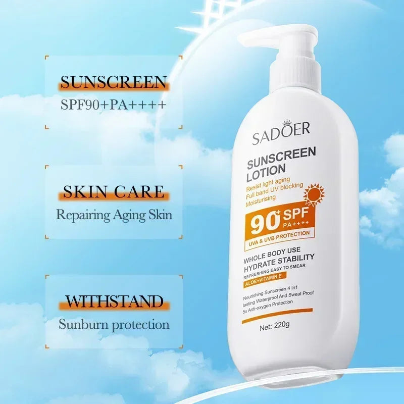 Sunscreen tube with SPF90 UV protection and moisturising formula