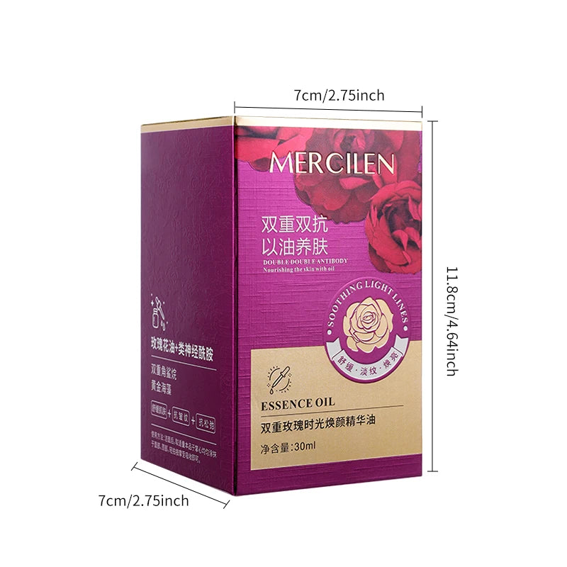 MERCILEN Double Rose Facial Essence Oil — Double Rose & Squalane — Dropper bottle front view close-up