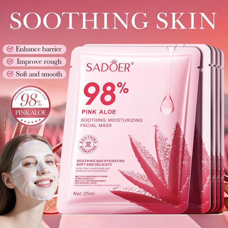 Single-use hydrating aloe sheet mask in pink sachet