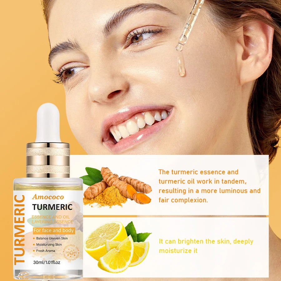 Two 30ml bottles of turmeric niacinamide serum oil with water-oil layered essence for face and body.