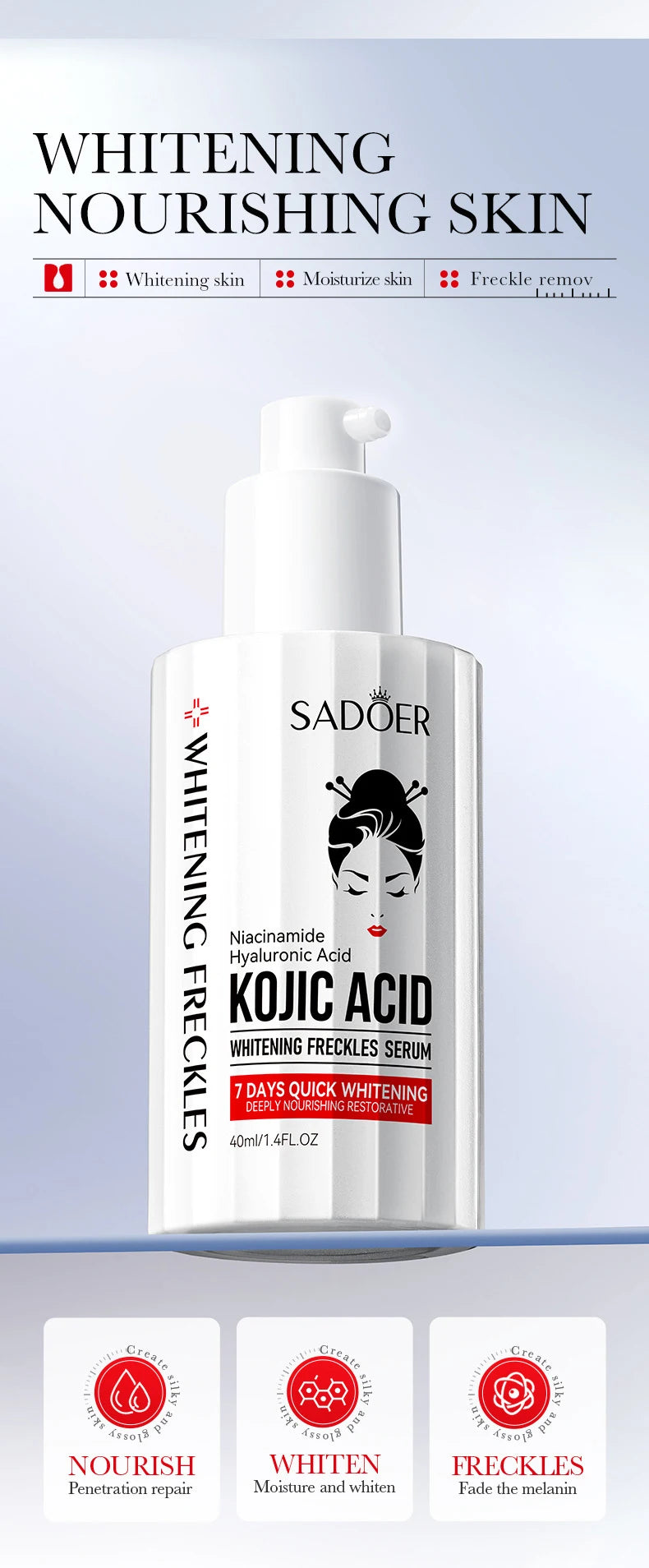 Kojic acid brightening serum bottle for freckle removal and skin brightening