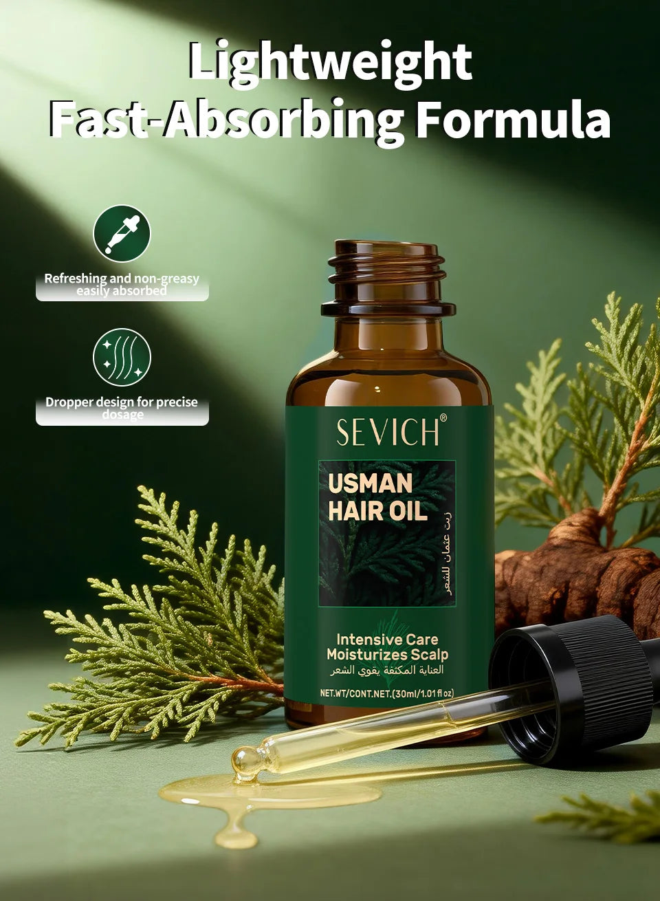 Set of hair care products including serum, essential oil, shampoo, soap, and thickening spray for hair regrowth.