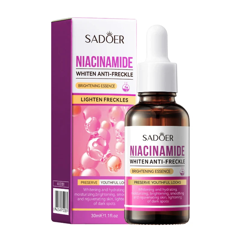 Glass bottle of brightening anti-freckle facial essence with niacinamide