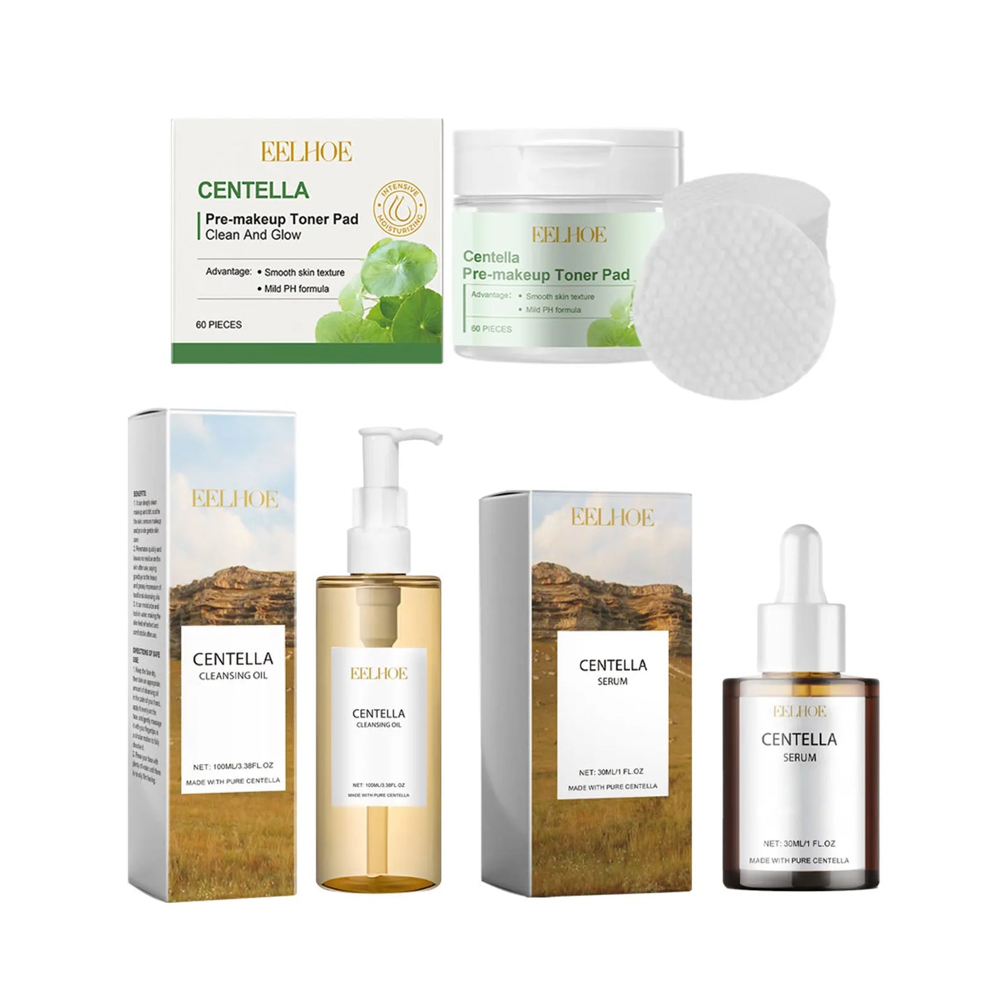 Round toner pads soaked in centella and hyaluronic acid, stacked in a clear jar with a small applicator.