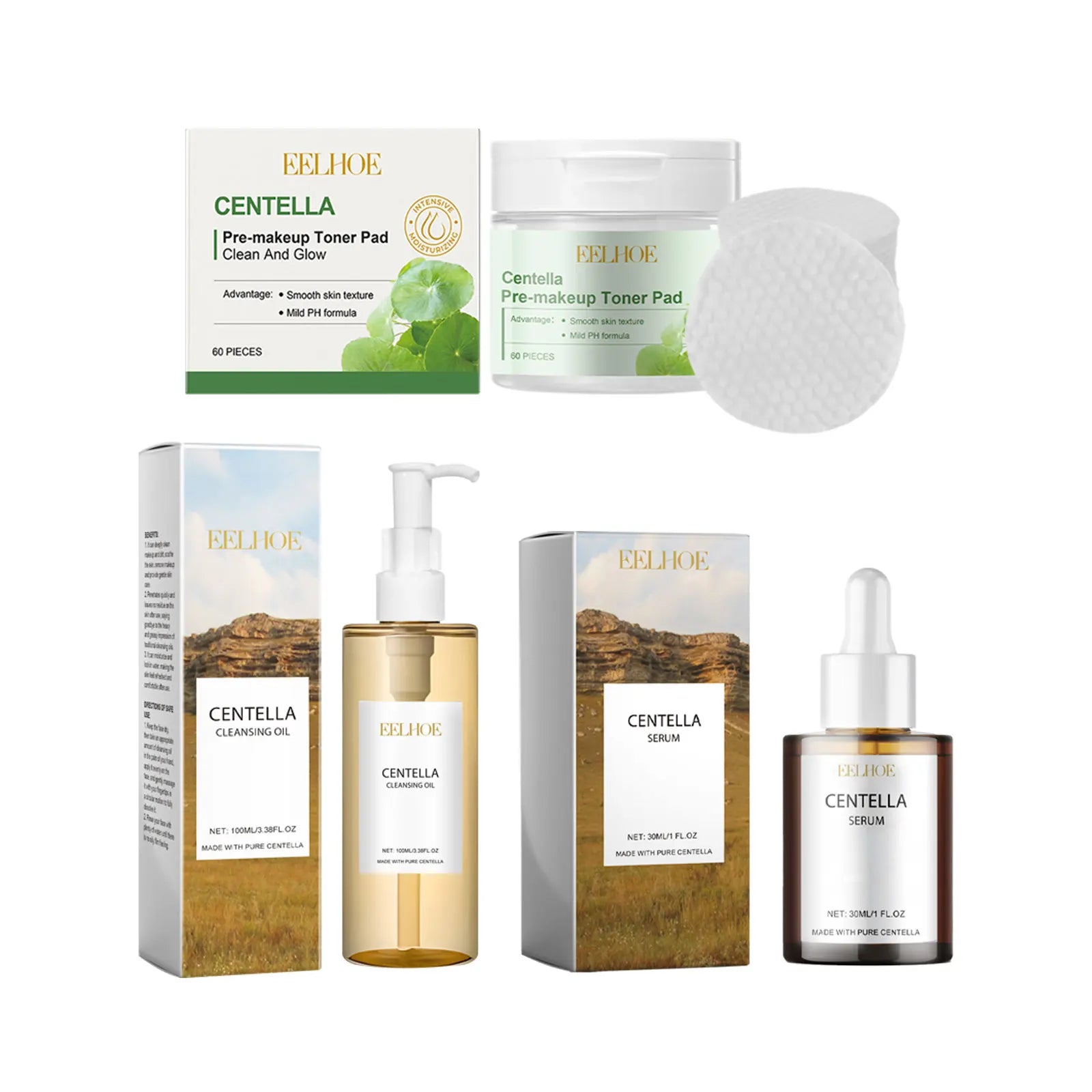 Round toner pads soaked in centella and hyaluronic acid, stacked in a clear jar with a small applicator.