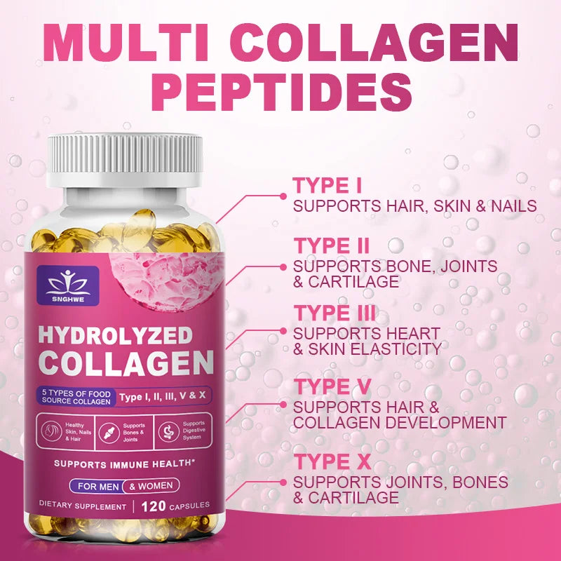 SkinSwaag Beauty SNGHWE Hydrolyzed Collagen Capsules — hydrolyzed collagen + hyaluronic acid — ingredient list on packaging on white background