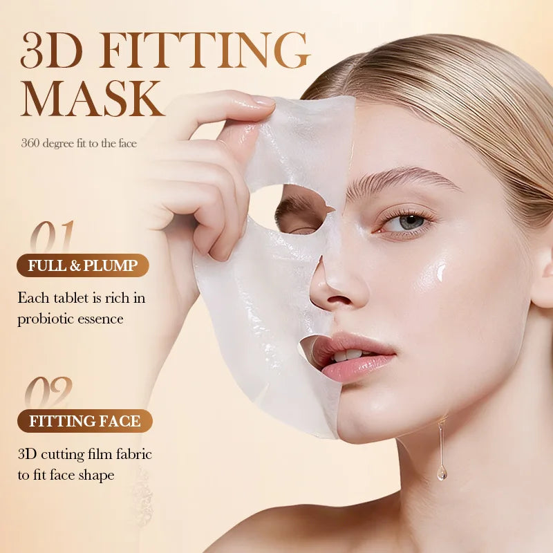 Facial sheet mask with hyaluronic acid, niacinamide, and probiotics for hydration and skin barrier care.