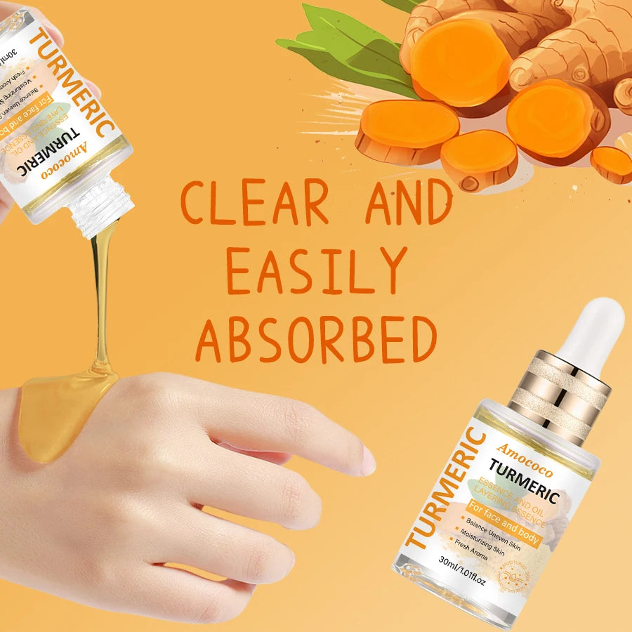 Two 30ml bottles of turmeric niacinamide water-oil serum with vitamin C and hyaluronic acid for face and body.