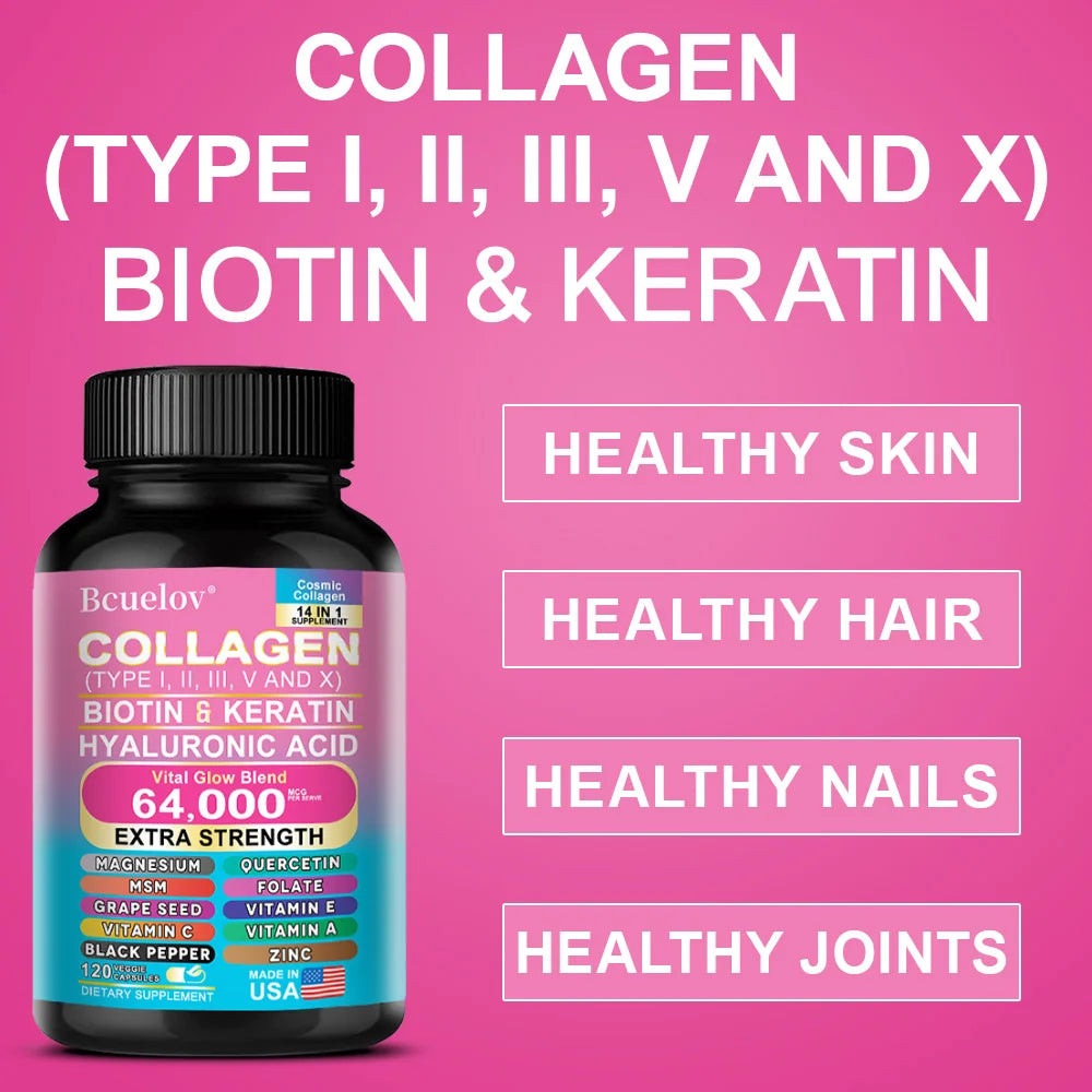 Bcuelov 14-in-1 Collagen Biotin & Hyaluronic Acid Supplement — collagen + biotin + hyaluronic acid — bottle back view on white background