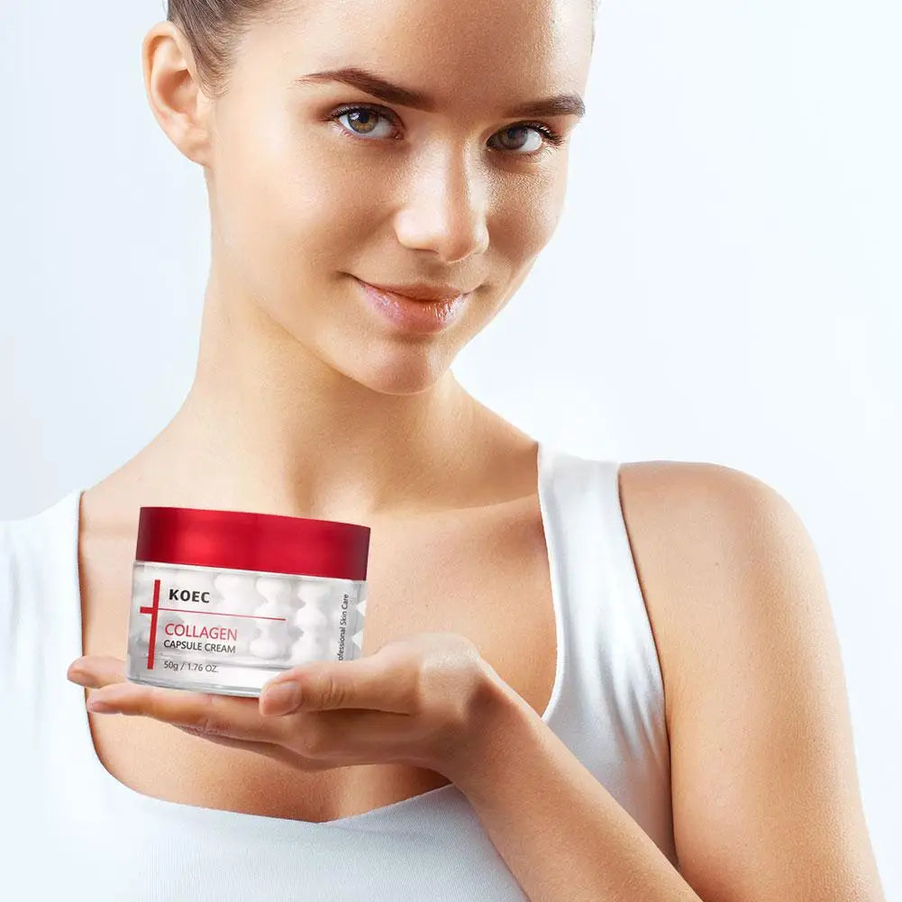 Firming face cream jar with collagen capsules, showing skincare product packaging and texture.