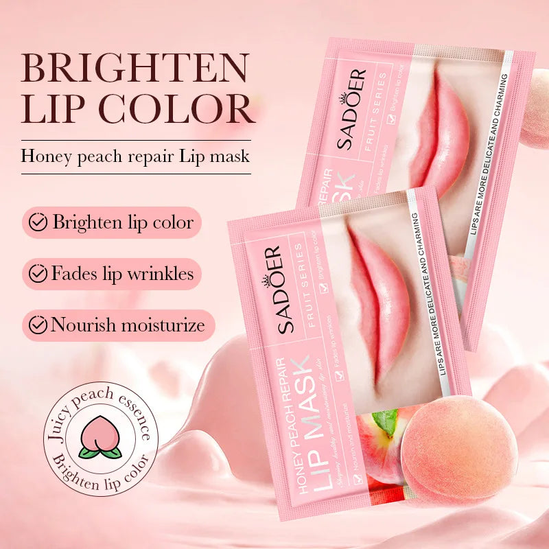 SADOER Fruit & Collagen Crystal Gel Lip Mask — Collagen & Fruit Extract — Gel lip patch on lips close-up