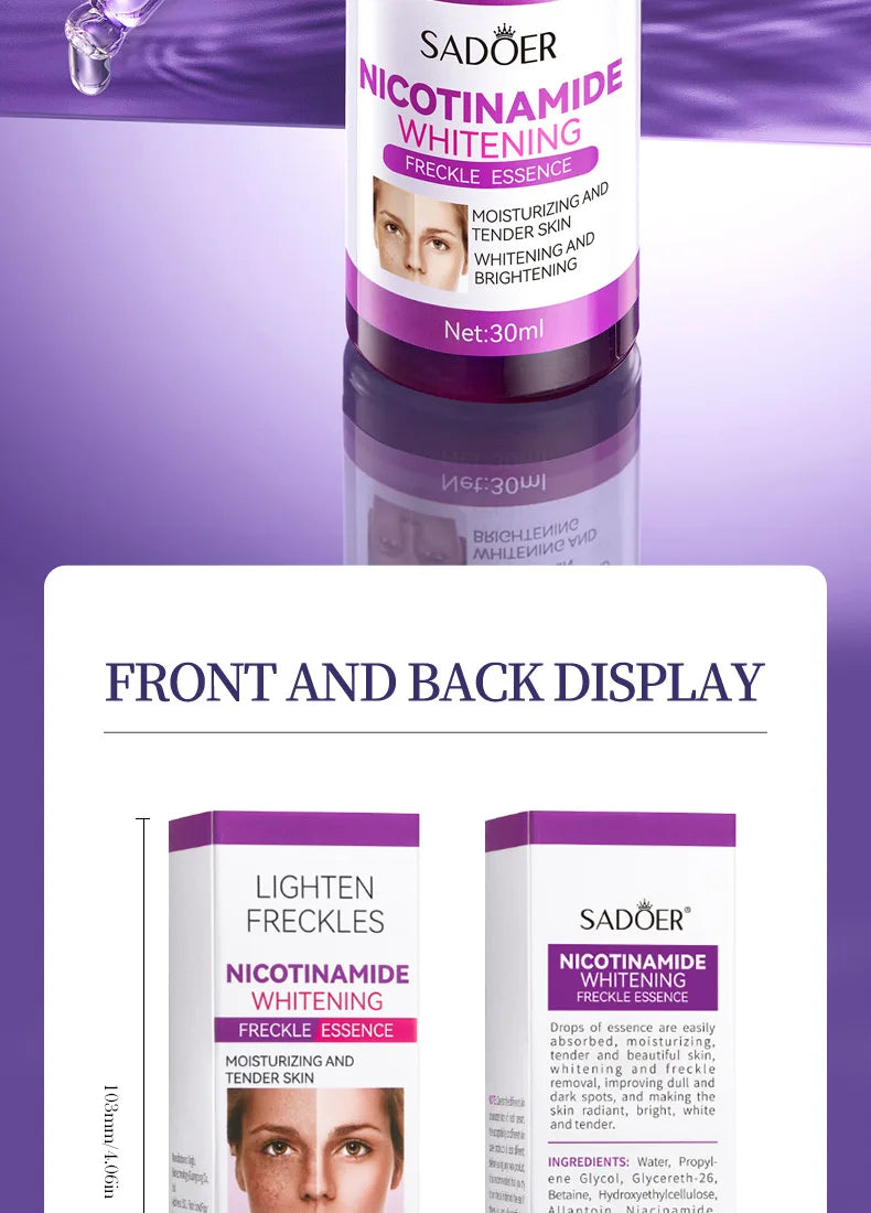 A set of dark spot correcting essence bottles containing nicotinamide