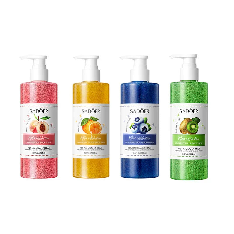 Peach-scented exfoliating body scrub gel bottle with natural fruit extracts