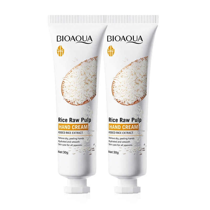 White rice hand cream tube for moisturizing and anti-aging hand care