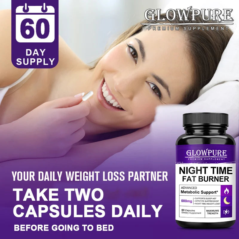 SkinSwaag Beauty GLOW PURE Night Time Fat Burning & Cellulite Weight Loss Pills — metabolism support — capsules in hand on white background