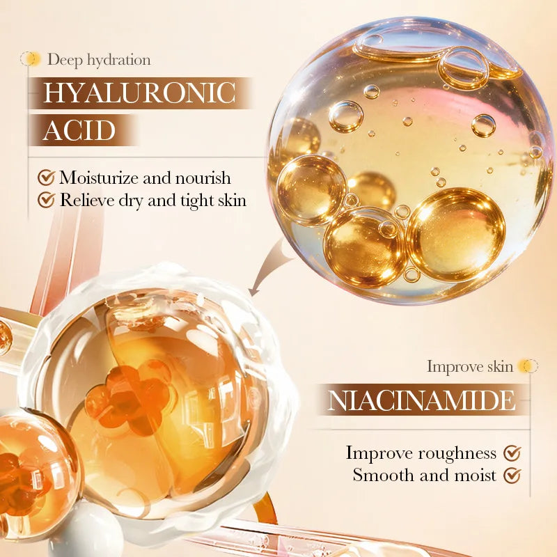 Facial sheet mask with hyaluronic acid, niacinamide, and probiotics for hydration and skin barrier care.