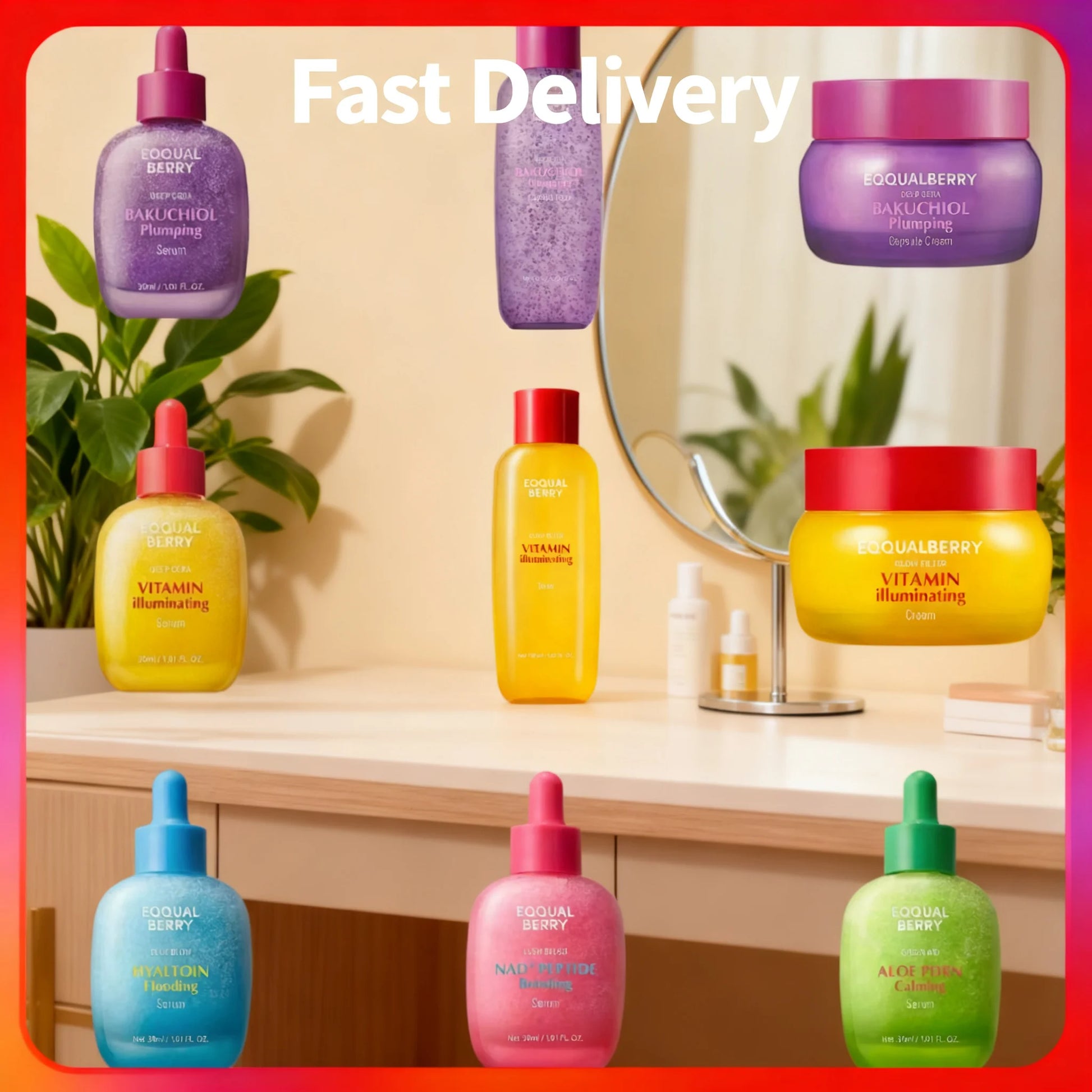 Facial serum bottle with bakuchiol plumping serum, retinol NAD alternative, vitamin C for whitening and smoothing skincare