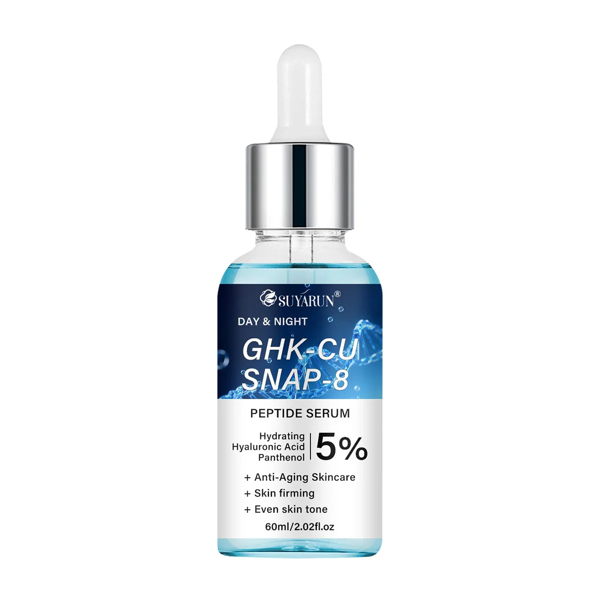 Firming peptide serum bottle with GHK-Cu and SNAP-8 ingredients