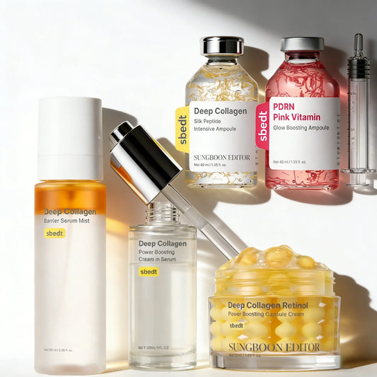 Skincare set featuring collagen silk peptide, PDRN and retinol products.
