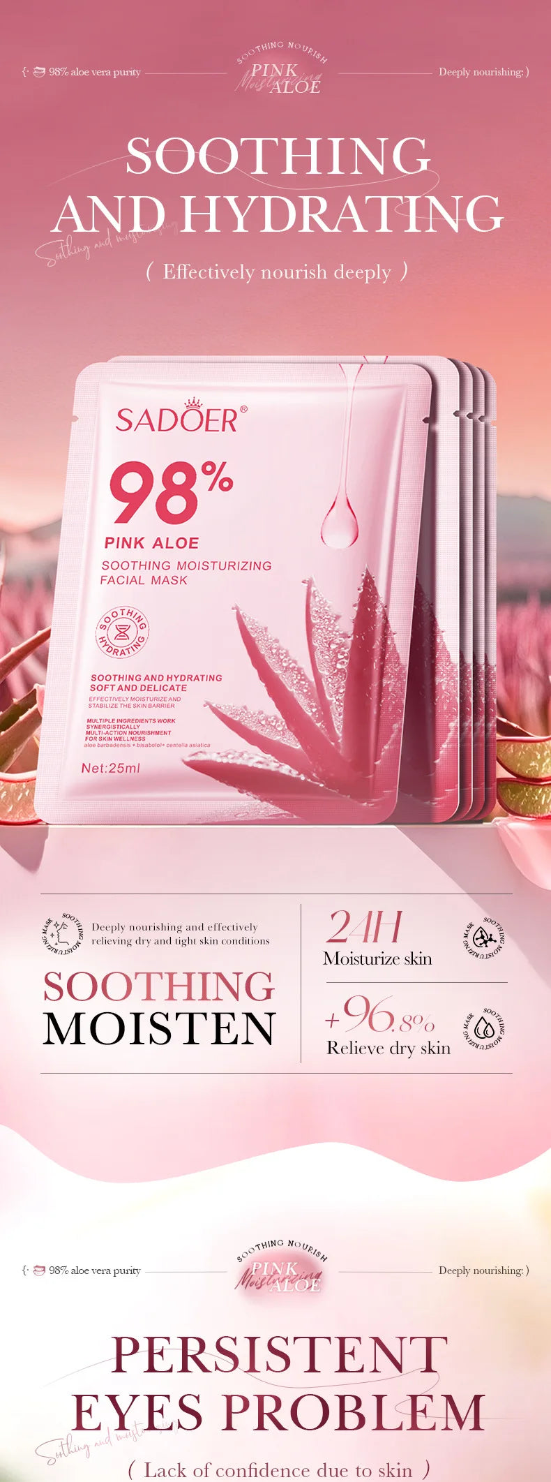 Pink aloe vera sheet mask sachet for hydrating and nourishing facial care