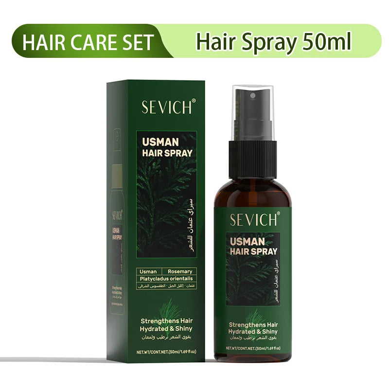 Set of hair growth products including serum, essential oil, shampoo soap, and thickening oil spray for men and women.
