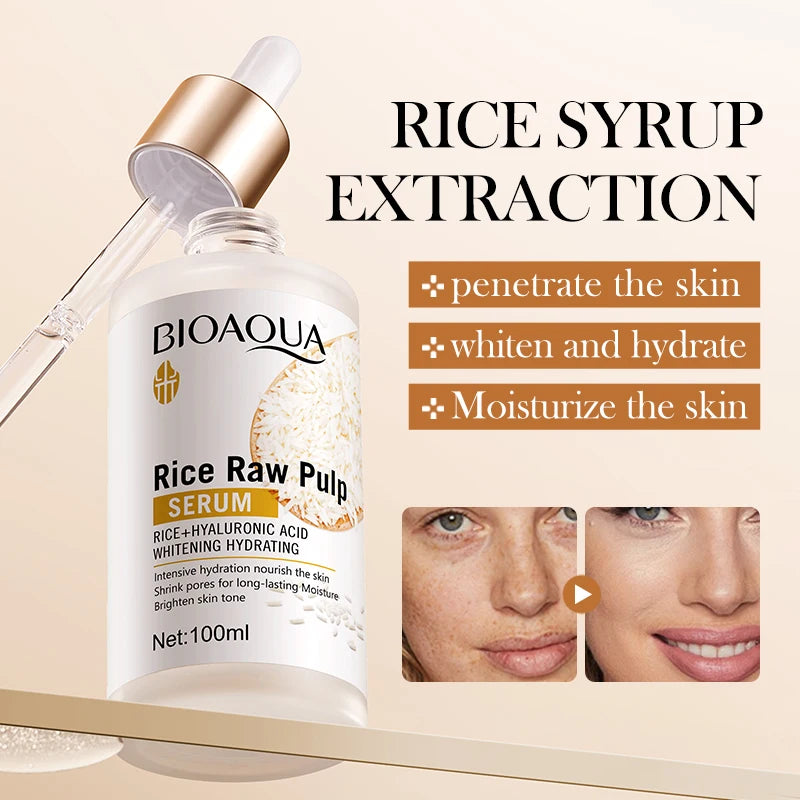 White rice niacinamide brightening face serum bottle with dropper on clean background, moisturizing and firming facial…