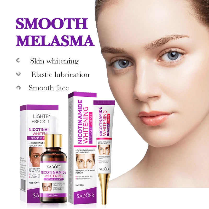 Skincare set with nicotinamide dark spot correcting essence bottles for brightening and evening skin tone.