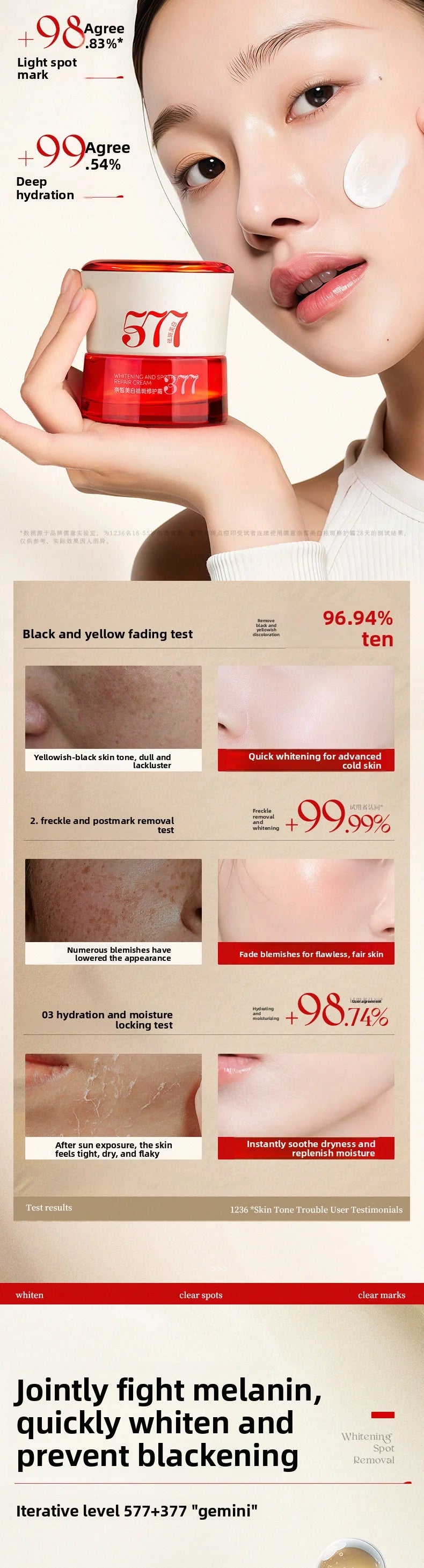 RUYI 377+577 Whitening Spot Fading Repair Cream Deep Moisturizing Freckle Fade Brightening Hydrating Face Cream