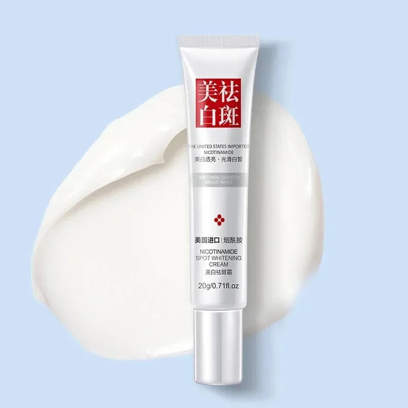 Facial cream jar for fading dark spots and freckles, brightening skin with niacinamide and vitamin E.