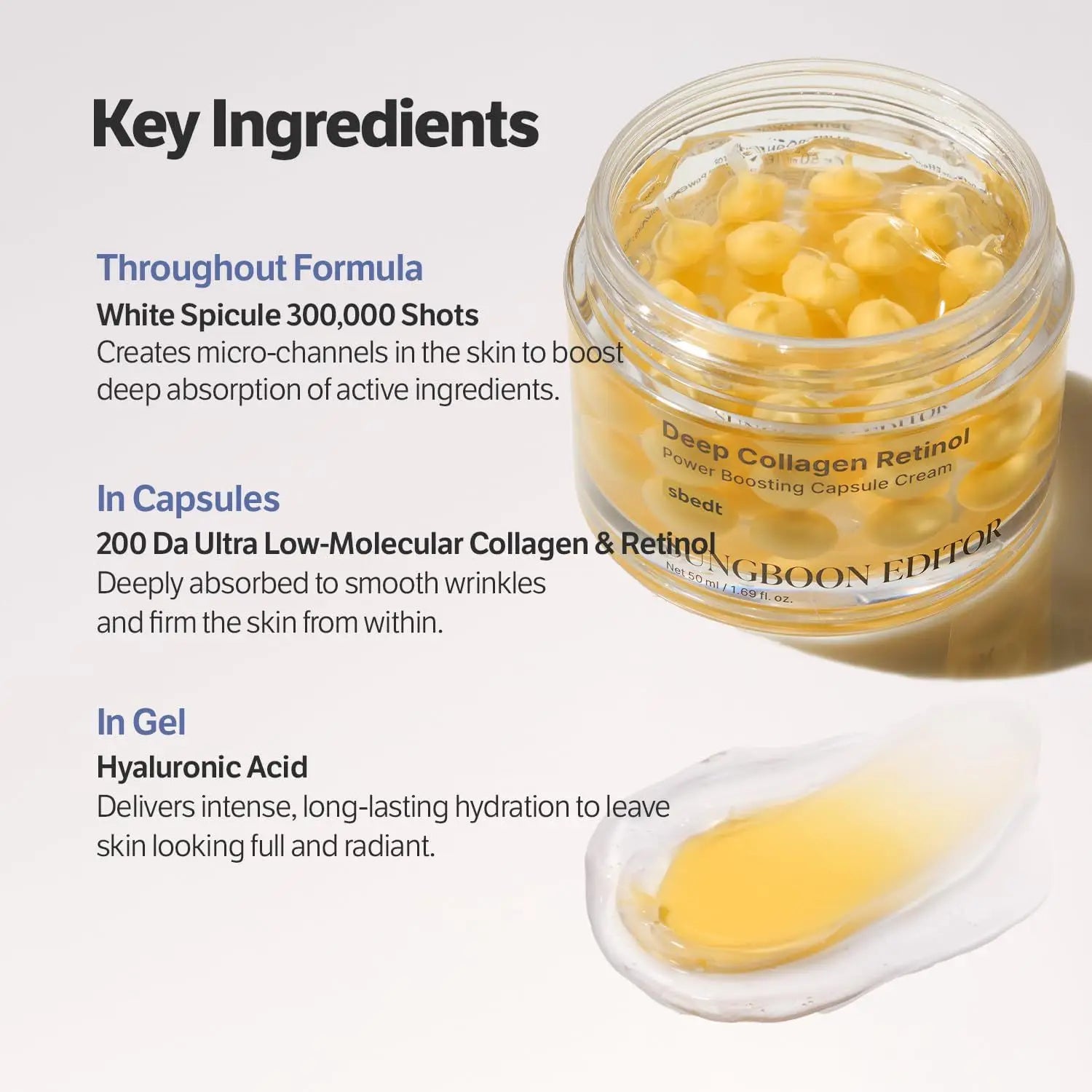 Skincare set featuring collagen silk peptide, PDRN and retinol products.
