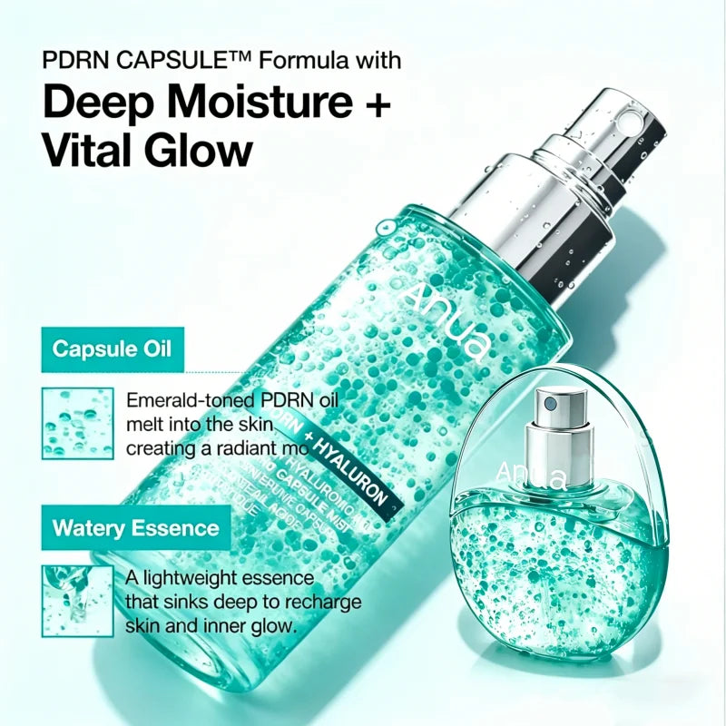 Anua PDRN Glow Hydrating Mist Serum Spray — PDRN — Bottle front view with Anua branding close-up