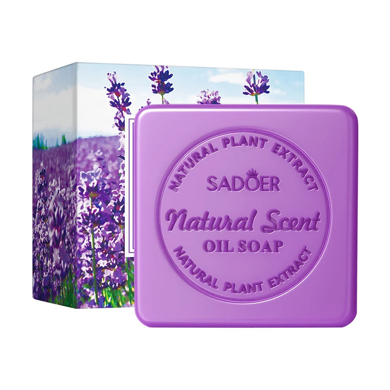 Handmade lavender soap bar with fresh lavender on a neutral background, for cleansing and moisturizing face and body.