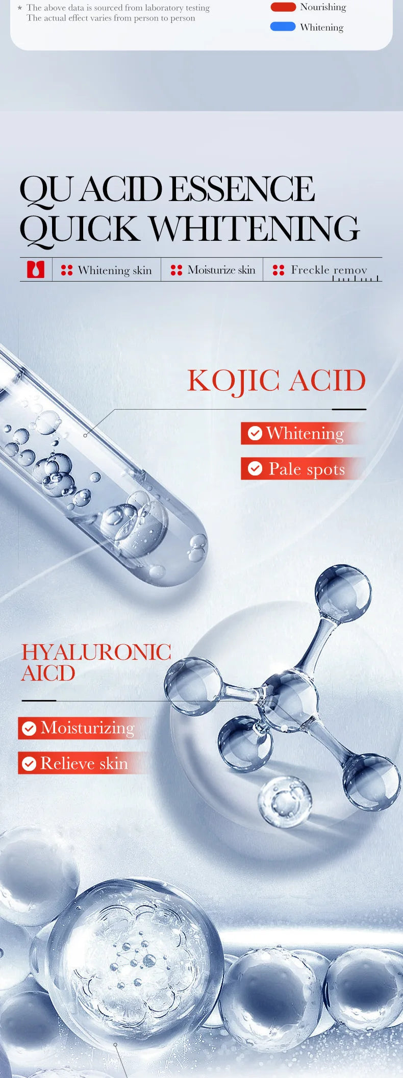 Kojic acid brightening serum bottle with dropper targeting dark spots and freckles